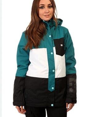 DC Defy Insulated Teal White Black Colorblock Hooded Snowboard Jacket